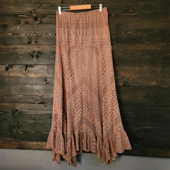Vtg Solitaire Maxi Skirt Womens S Lace Tiered Western Cowgirl Gypsy Boho Brown - Picture 3 of 14